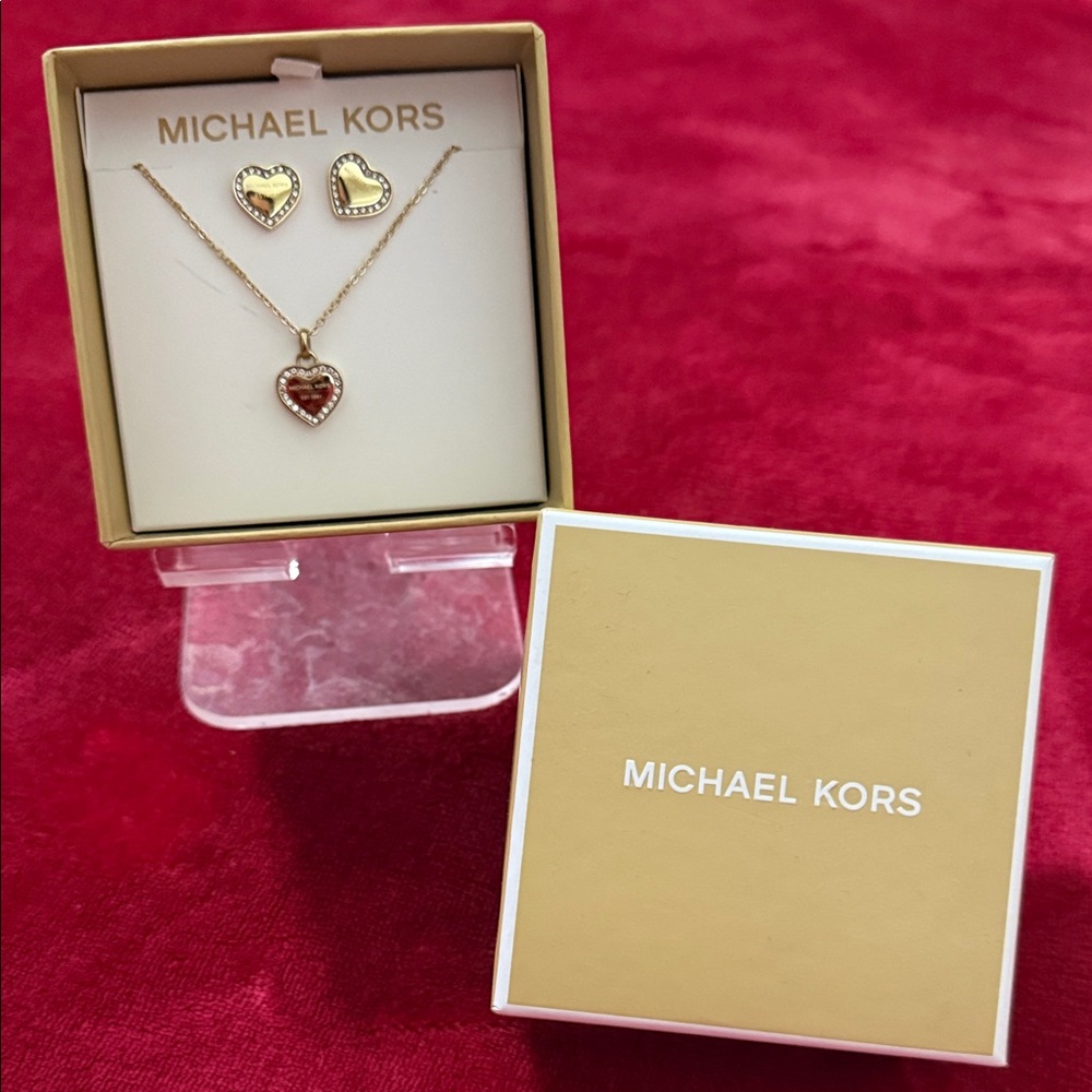 Michael Kors Gold Heart Necklace and Earrings with Red Accent